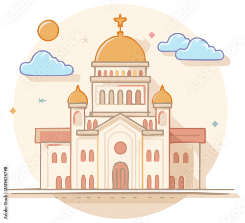 Cartoon Building with Dome Illustration of a Christian Church or Monastery