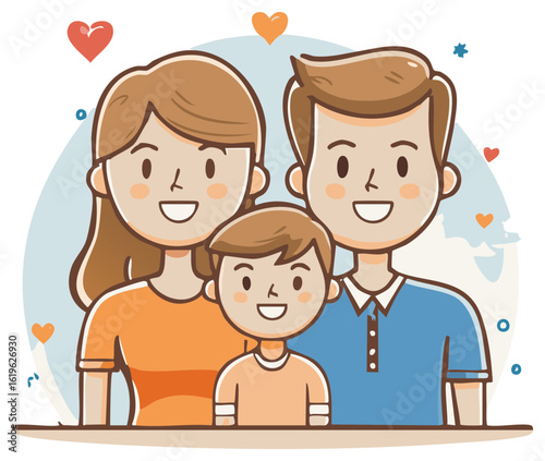 Joyful illustrated family showing love and care with smiling mom dad and kid