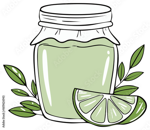 Green Jam Jar with Lime Slice and Leaves Illustration Decorative Food Artwork