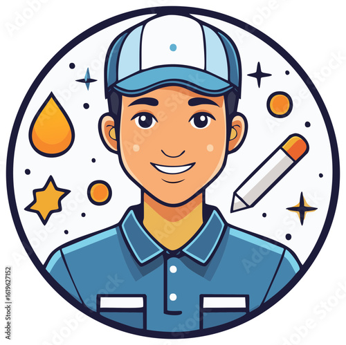 Smiling Cartoon Repairman with Stars, Oil Drop, Pencil, and Baseball Cap in Circular Frame