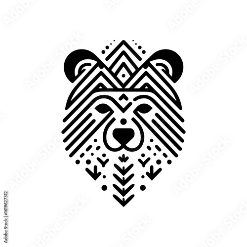 Minimalist tribal bear head mask with mountain