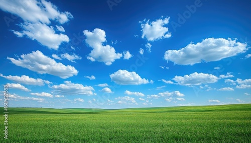 Fototapeta Naklejka Na Ścianę i Meble -  Vast grassy field stretches beneath a vibrant blue sky dotted with fluffy white clouds