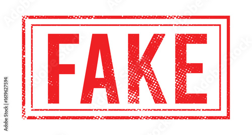 Fake stamp in red grunge style with halftone texture, bold vector label for fraud warning design