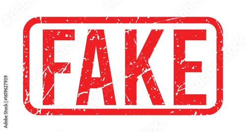 Fake stamp in red grunge style with halftone texture, bold vector label for fraud warning design