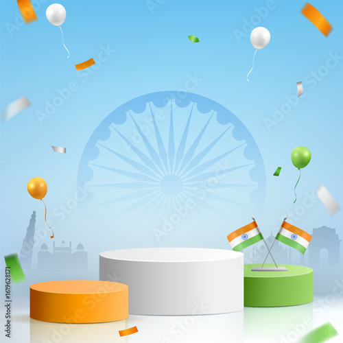 product promotion tricolor podium illustration with confetti balloons on blue sky creative independence day, republic day sale square banner