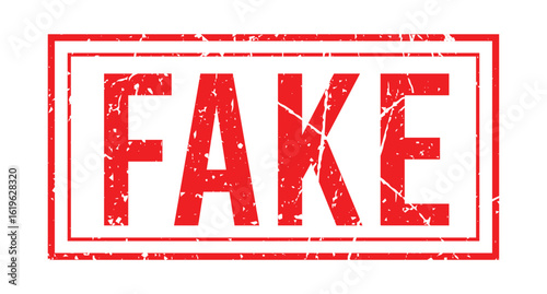 Fake stamp in red grunge style with halftone texture, bold vector label for fraud warning design