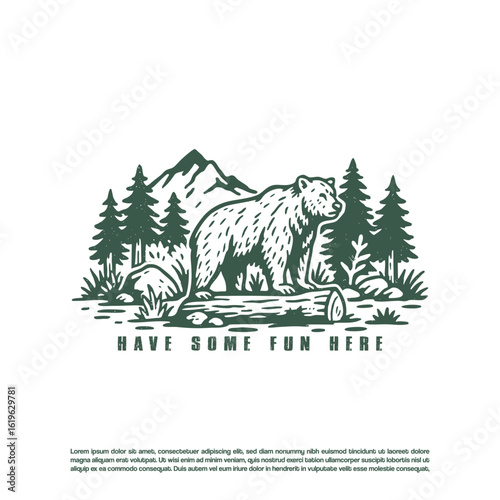Hand drawn wild bear in the mountain forest background vector