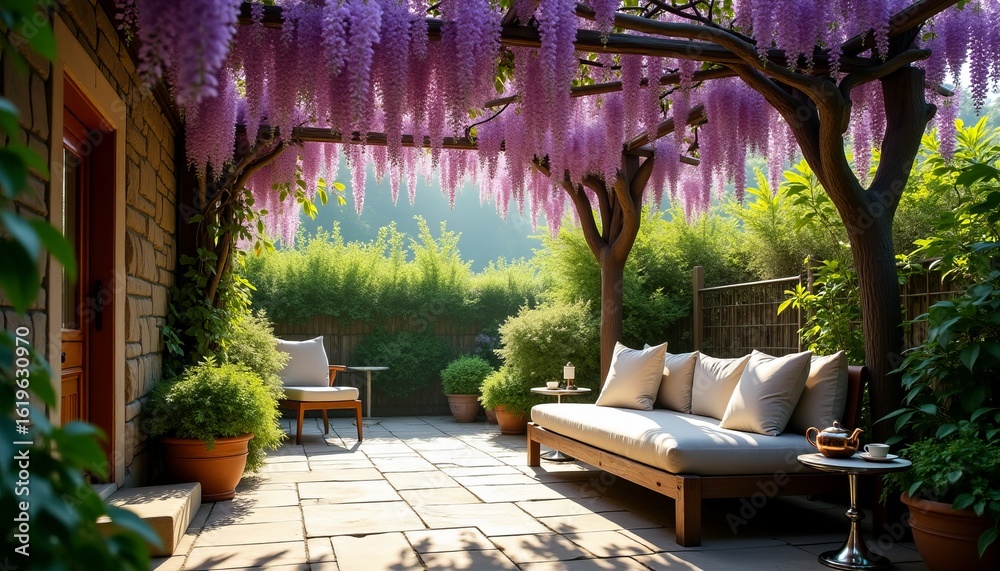 Fototapeta premium Wisteria Covered Patio Tranquil Outdoor Daybed and Dappled Sunlight A Shaded and Fragrant Garden Retreat for Relaxation