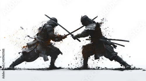 Two samurai warriors clashing with swords in dynamic ink splash style artwork.