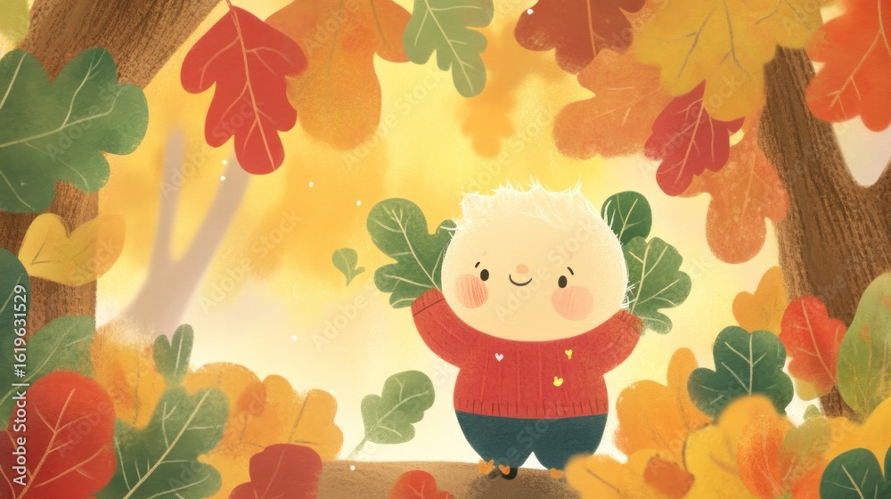 Naklejka premium Cute creature surrounded by autumn leaves. Smiling, light-skinned, round-bodied figure with blond hair, a red sweater, and dark pants, in a forest of autumn leaves.