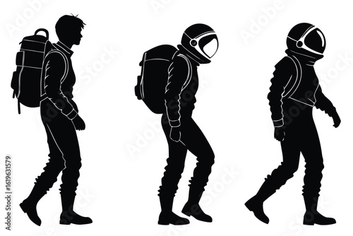 Three silhouettes of people walking with backpacks and space helmets