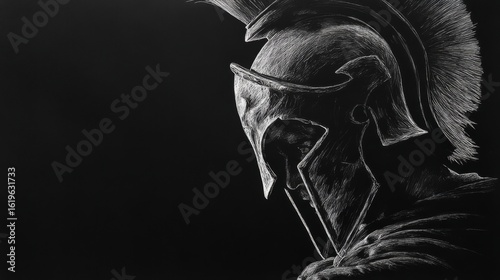 Spartan warrior sketch in helmet on black background with dramatic lighting.