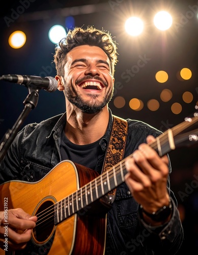 Joyful male singer performs lively acoustic guitar song on stage