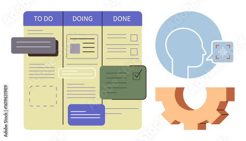 Kanban-style board with To Do, Doing, and Done columns showing task cards. Head with speech icon symbolizes voice command, gear represents automation. Ideal for productivity, workflow, time