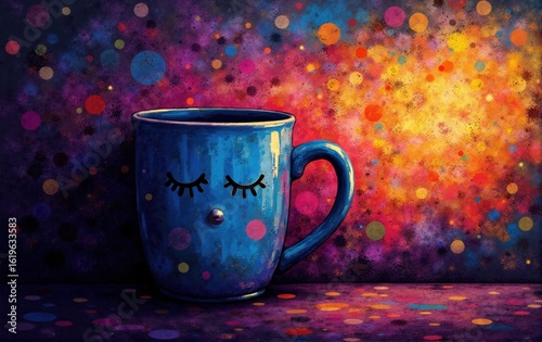 Digital Painting of Blue Mug with Polka Dots and Colorful Background