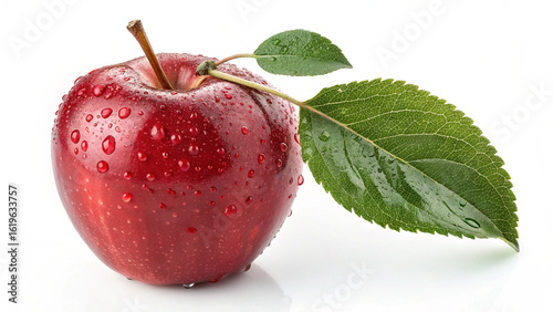 Single red apple with a green leaf isolated on a white background