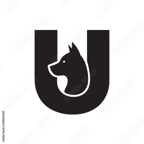 Black dog head silhouette within a white negative space U shape vector