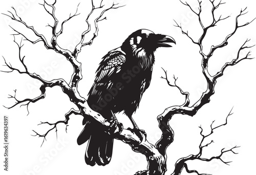 Mystical Raven on a Bare Branch"