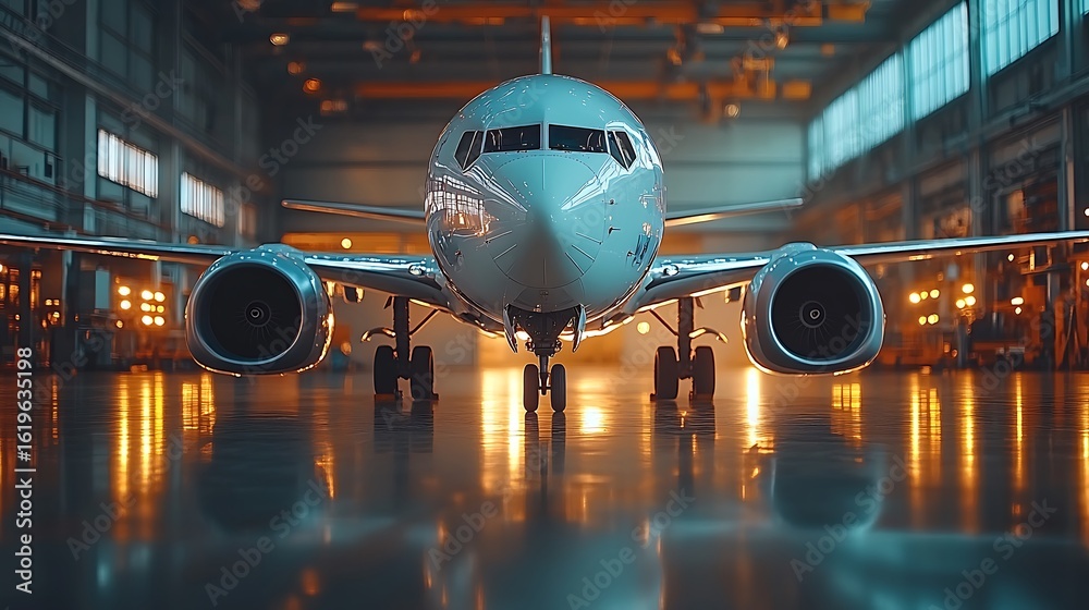 Fototapeta premium Passenger jet positioned in a hangar.