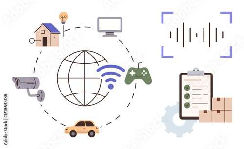 Connected globe, smart home, surveillance camera, gaming controller, clipboard, boxes, car, sound waves. Ideal for IoT technology automation connectivity data management remote control smart