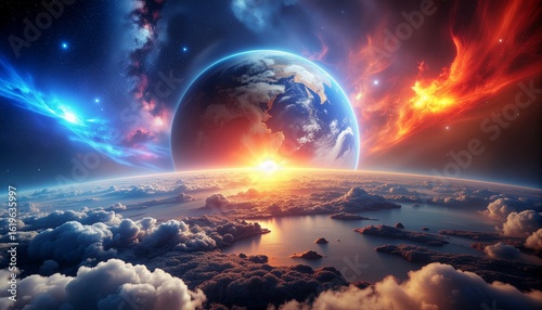 地球温暖化の概念アート - 炎と青の惑星, Conceptual Art of Global Warming - A Planet of Fire and Ice