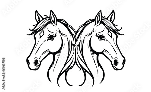 "Mirrored Horses with Intertwined Manes – Symmetrical Vector Art"