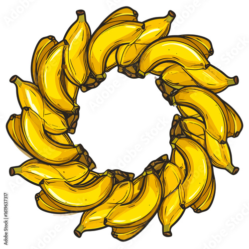 A circular arrangement of ripe, yellow bananas, possibly a decorative element or food illustration. The image is colorful, detailed