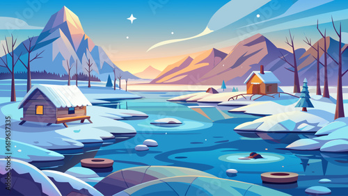 A frozen lake shimmering under a pale winter sky, with ice fishing huts scattered across its surface