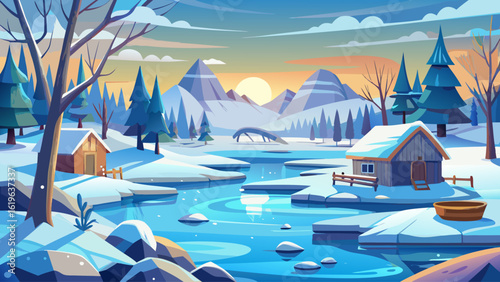 A frozen lake shimmering under a pale winter sky, with ice fishing huts scattered across its surface