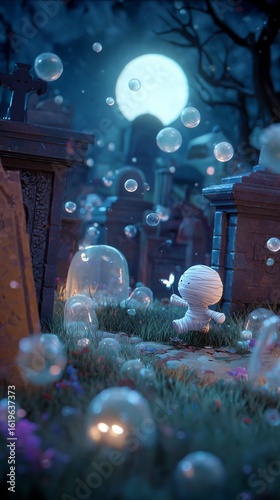 Wallpaper Mural A playful mummy chasing a butterfly through a moonlit graveyard Torontodigital.ca