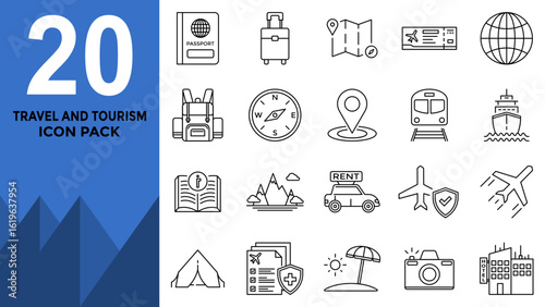 20 Travel and Tourism Icons, Vacation, Transport, and Adventure Vector Pack