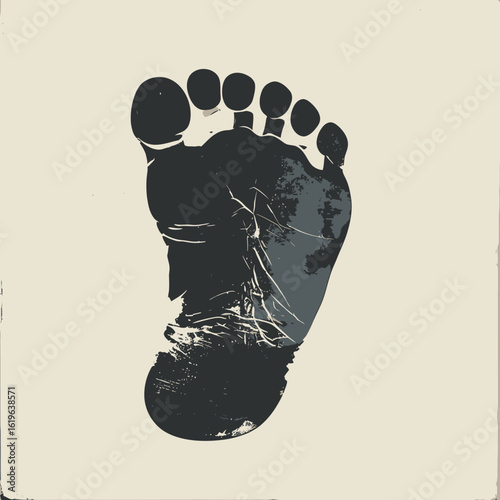 A grayscale foot print impression against a cream-colored background. Texture indicates a rough surface with some color variations. Edges are slightly worn