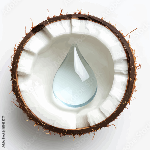 A halved coconut reveals a droplet of liquid, set against a bright, stark background. Detailed rendering of the fruit