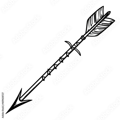 A hand-drawn arrow with fletching and a barbed arrowhead, with detailing and a clean white background