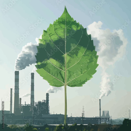 A large green leaf overshadows a factory, with smoke stacks emitting pollution