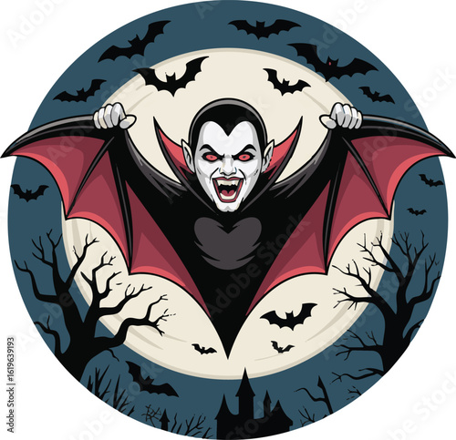 Classic Vampire with Bat Wings and Moon Silhouette Design
