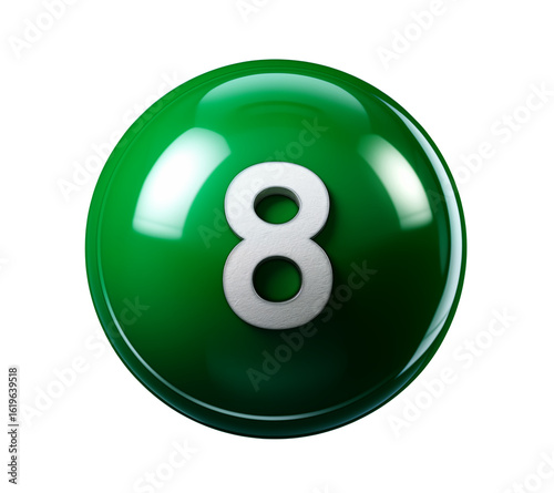 Shiny green billiard ball with silver number 8 captures luck and fortune