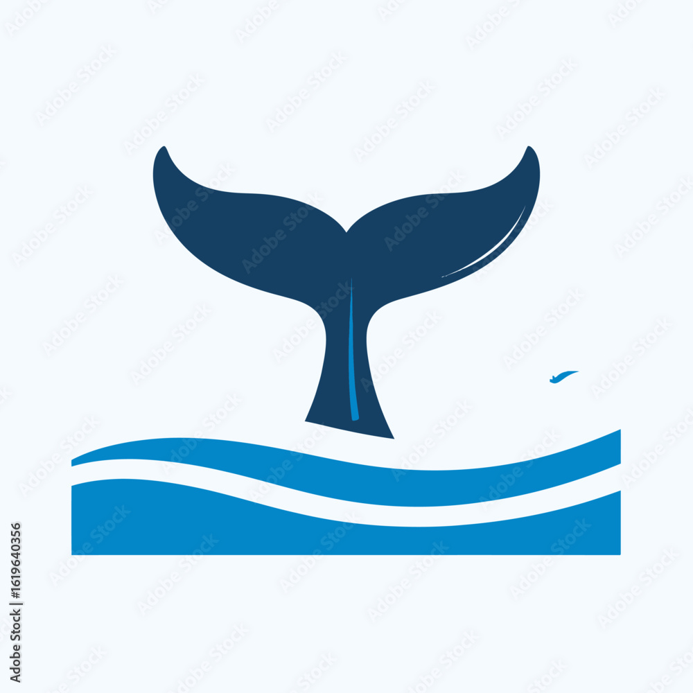 Fototapeta premium A stylized illustration features a whale's tail emerging from ocean waves, with a small silhouette nearby