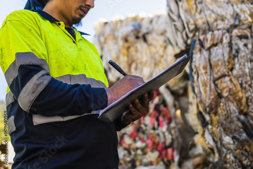 Waste management worker writing notes on clipboard while inspecting a large pile of recycled materials at a recycling center