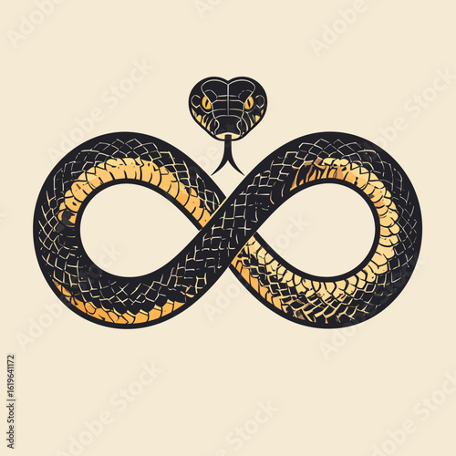 A stylized snake in black and gold is arranged in an infinity symbol, with a prominent head and forked tongue