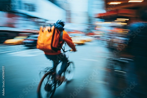 Blurred urban photo of delivery rider parking bike back facing camera action anonymity in one frame modern gig worker