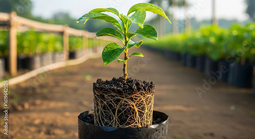 A young plant with visible roots is displayed, set against a blurred background of a nursery.
