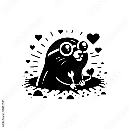 mole wearing round goggles digging a heart-shaped tunnel