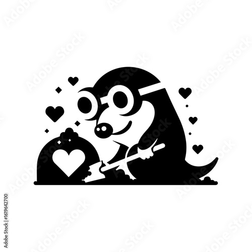 mole wearing round goggles digging a heart-shaped tunnel