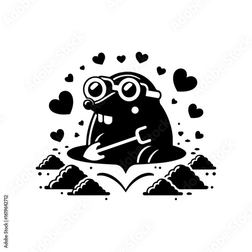 mole wearing round goggles digging a heart-shaped tunnel