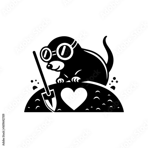 mole wearing round goggles digging a heart-shaped tunnel