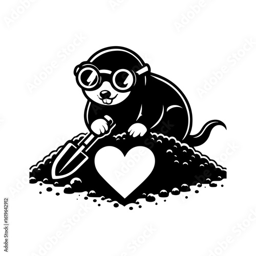 mole wearing round goggles digging a heart-shaped tunnel