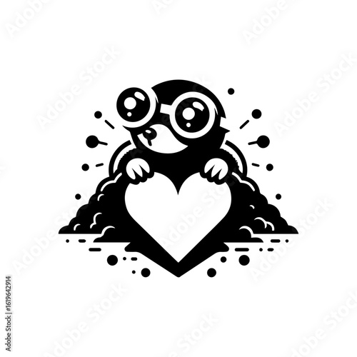 mole wearing round goggles digging a heart-shaped tunnel