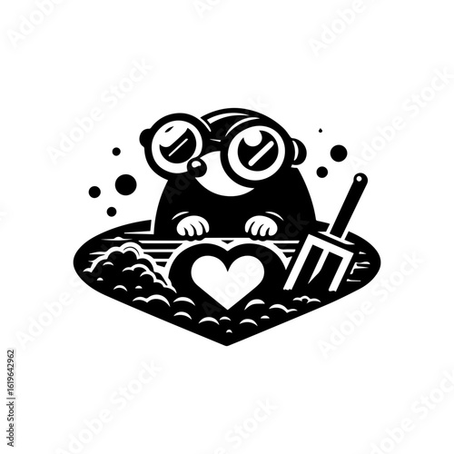 mole wearing round goggles digging a heart-shaped tunnel