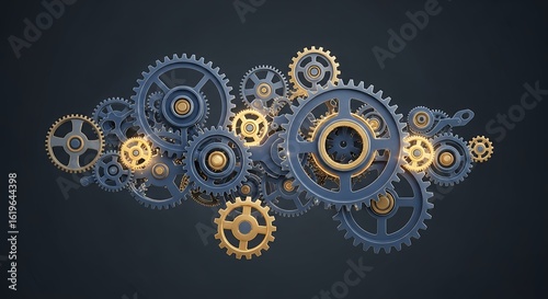 Composition of blue and gold gear wheels on a dark background, concept for engineering solutions, mechanical processes and manufacturing industry.